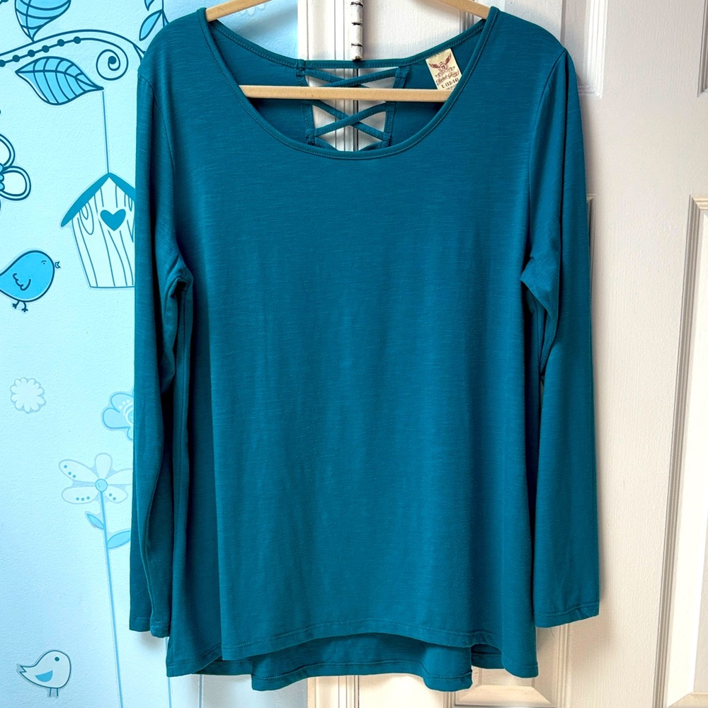 Faded Glory Teal Long Sleeves Blouse Decorated Back Tee Women's Size L ( 12-14 )